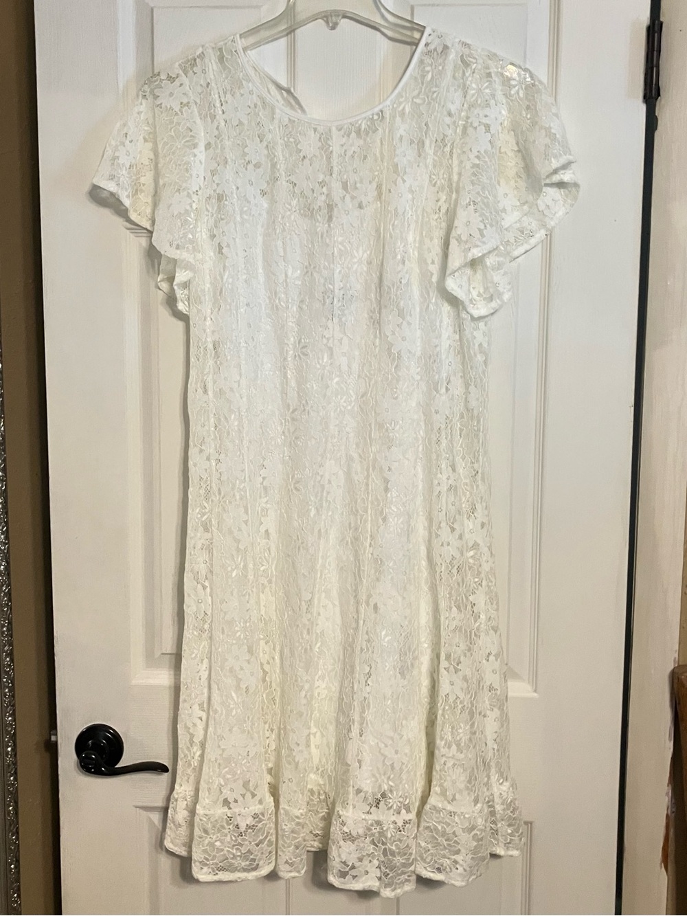 Floral Lace Midi Dress Flutter Short Sleeve Slip Lined White Ivory L